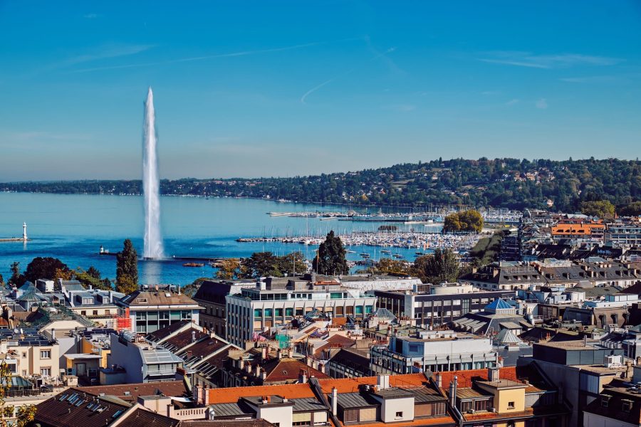 The highest fountain in Geneva. View from above. Urban landscape in Switzerland.